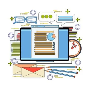 Computer Desktop With Finance Chart Business Statistic Data Documents Report Stock Illustration