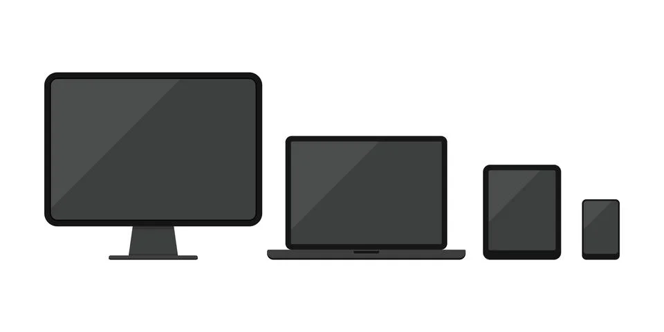 Computer desktop, laptop, tablet pc, smartphone or mobile phone icon set isol Stock Illustration