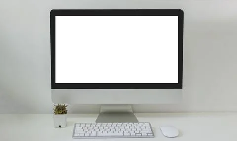Computer desktop mock up and mouse Cactus white blank screen on table. Used.. Stock Photos
