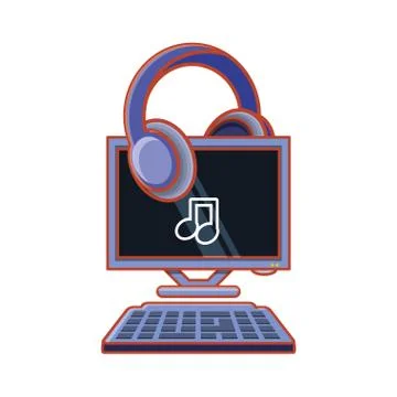 Computer desktop with music headset 스톡 일러스트