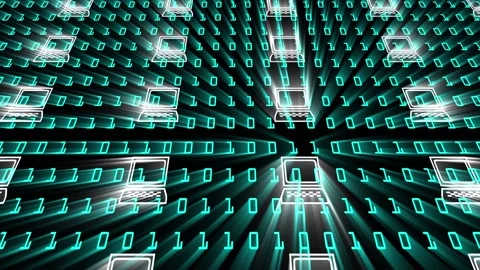 Computer desktop node network with binary data streams changing at speed Stock Footage 194507691