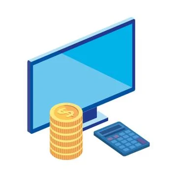 Computer desktop with pile coins and calculator math Stock Illustration