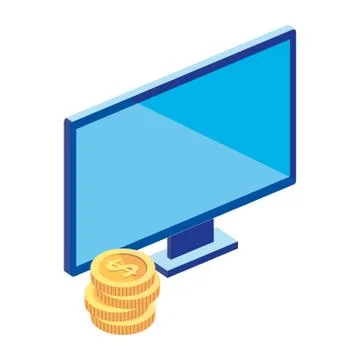 Computer desktop with stack of coins Stock Illustration