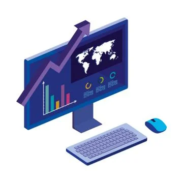Computer desktop with statistic graph and map 스톡 일러스트