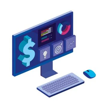 Computer desktop with statistics and menu app Stock Illustration