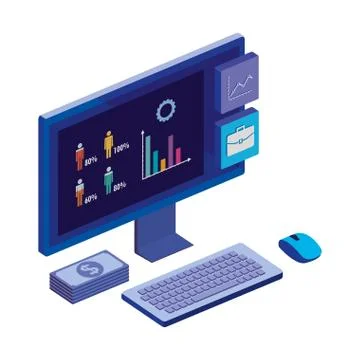 Computer desktop with statistics and menu app Illustrazione stock