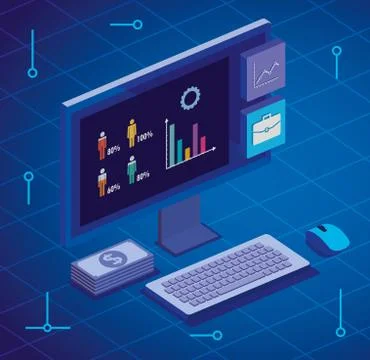 Computer desktop with statistics and menu app Stock Illustration