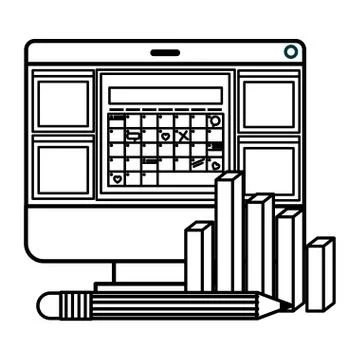 Computer desktop with statistics bars and pencil Stock Illustration