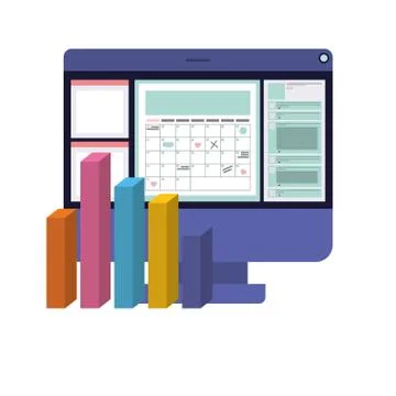 Computer desktop with statistics bars isolated icon Illustrazione stock