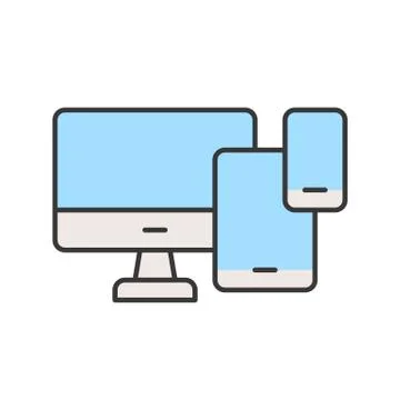 Computer desktop, table and smart phone, device icon, editable stroke outline Illustrazione stock