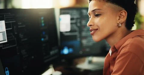 Computer, developer and reading with woman in office for programmer, cyber .. 스톡 사진