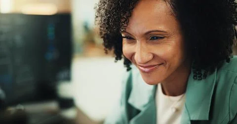 Computer, developer and research with woman in office for programmer, cyber.. Stock Photos