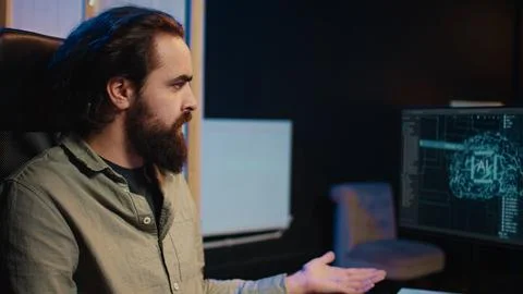 Computer developer confused by AGI AI turning autonomous, greeting him Stock Photos