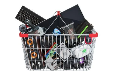 Computer device and accessories inside shopping basket, 3D rendering Stock Illustration