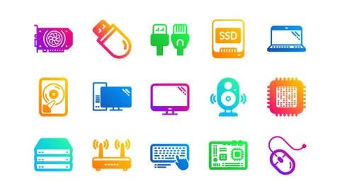 Computer device icons. Motherboard, CPU and Laptop. Classic icon set. Vector Stockillustratie