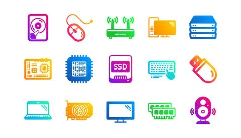Computer device icons. Motherboard, CPU and Laptop. Classic icon set. Vector Illustrazione stock