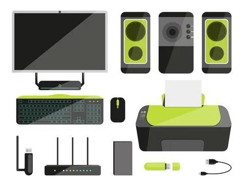 Computer device office data equipment flat set Stock Illustration