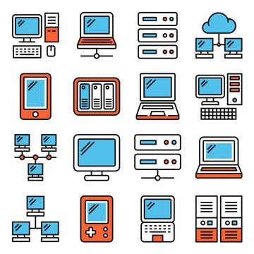 Computer Devices and Electronics Icons Set on White Background. Vector Stock Illustration