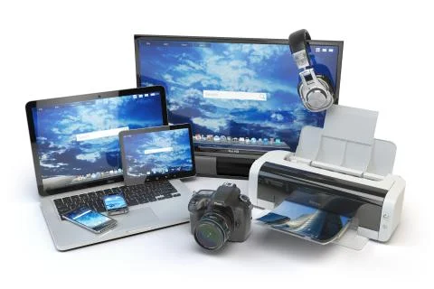 Computer devices and office equipment. Mobile phone, monitor, laptop, print.. Stock Illustration