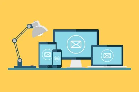 Computer devices with email icon on the screen. Stock Illustration