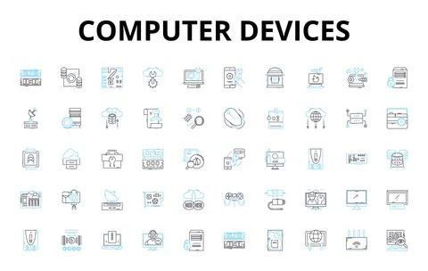 Computer devices linear icons set. Keyboard, Mouse, Monitor, Laptop, Desktop Illustrazione stock
