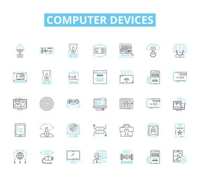 Computer devices linear icons set. Keyboard, Mouse, Monitor, Laptop, Desktop 스톡 일러스트