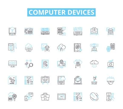 Computer devices linear icons set. Keyboard, Mouse, Monitor, Laptop, Desktop 스톡 일러스트
