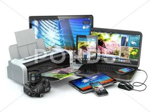 Computer devices. mobile phone, laptop, printer, camera and tablet pc ...