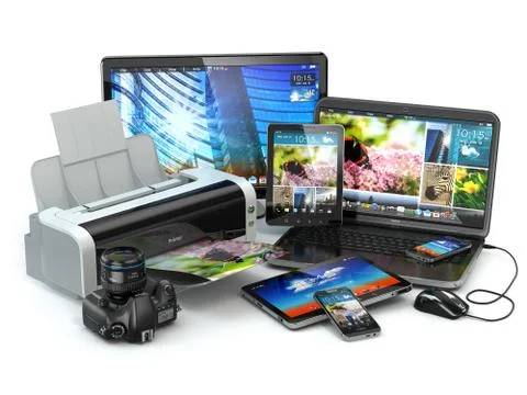 Computer devices. mobile phone, laptop, printer, camera and tablet pc. Stock Illustration