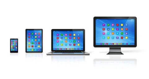 Computer Devices Set 3D Smartphone, Digital Tablet Computer, Laptop and Mo... Stock Photos