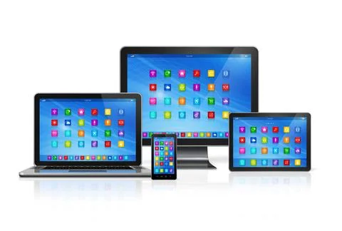 Computer Devices Set 3D Smartphone, Digital Tablet Computer, Laptop and Mo... Stock Photos
