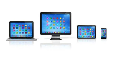 Computer Devices Set 3D Smartphone, Digital Tablet Computer, Laptop and Mo... Stock Photos
