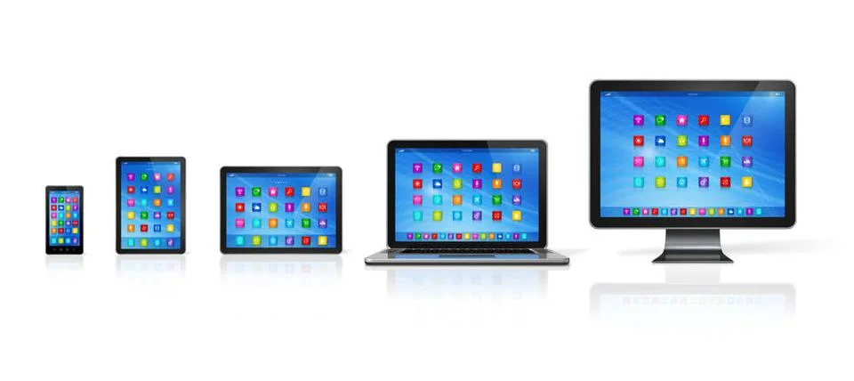 Computer Devices Set 3D Smartphone, Digital Tablet Computer, Laptop and Mo... Stock Photos