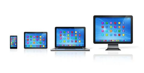 Computer Devices Set 3D Smartphone, Digital Tablet Computer, Laptop and Mo... Stock Photos