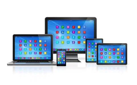 Computer Devices Set 3D Smartphone, Digital Tablet Computer, Laptop and Mo... Stock Photos