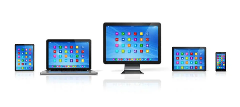 Computer Devices Set 3D Smartphone, Digital Tablet Computer, Laptop and Mo... Stock Photos
