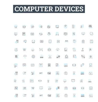 Computer devices vector line icons set. Laptop, Desktop, Monitor, Printer Stock Illustration