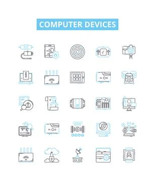 Computer devices vector line icons set. Laptop, Desktop, Monitor, Printer 库存插图