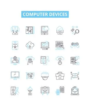 Computer devices vector line icons set. Laptop, Desktop, Monitor, Printer Stock Illustration