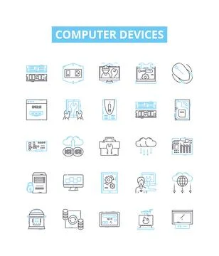 Computer devices vector line icons set. Laptop, Desktop, Monitor, Printer Stock Illustration