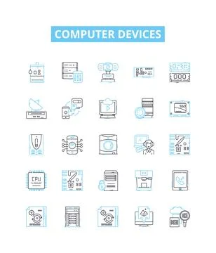 Computer devices vector line icons set. Laptop, Desktop, Monitor, Printer Stock Illustration