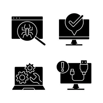 Computer diagnostics black glyph icons set on white space Stock Illustration