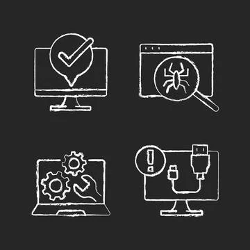 Computer diagnostics chalk white icons set on black background Stock Illustration