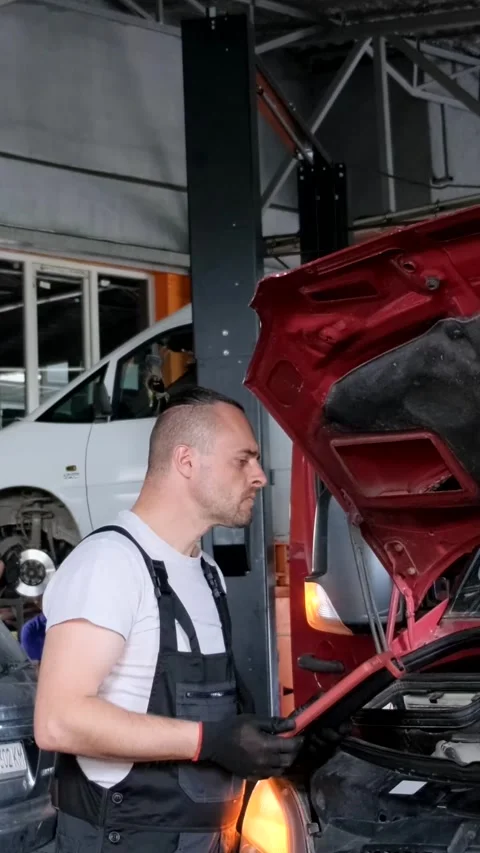 Computer diagnostics of trucks. Auto mechanic while working in a car service Stock Footage 259564339