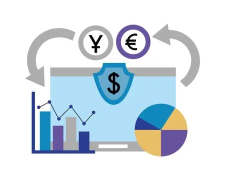 Computer diagram chart currency coins foreign exchange Stockillustratie