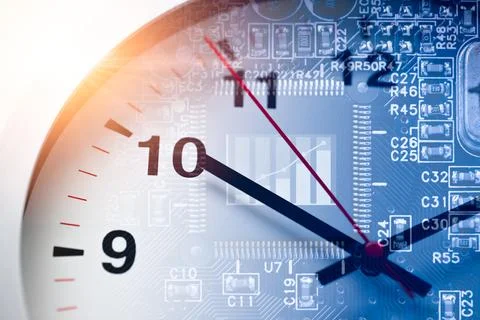 Computer digital chips overlay time clock. Digital circuit board upgrade ti.. Stock Photos