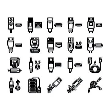 Computer digital device connection port plugs assortment Stock Illustration