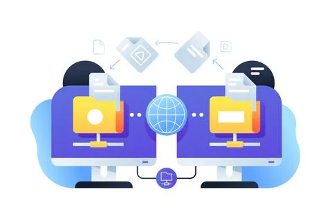 Computer digital file sharing using connection with online app. Stock Illustration