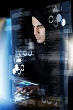 Computer, digital overlay and man, hacker or programmer for night hacking Stock Photos