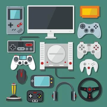 Computer, digital video online game console, game tools vector s Stock Illustration